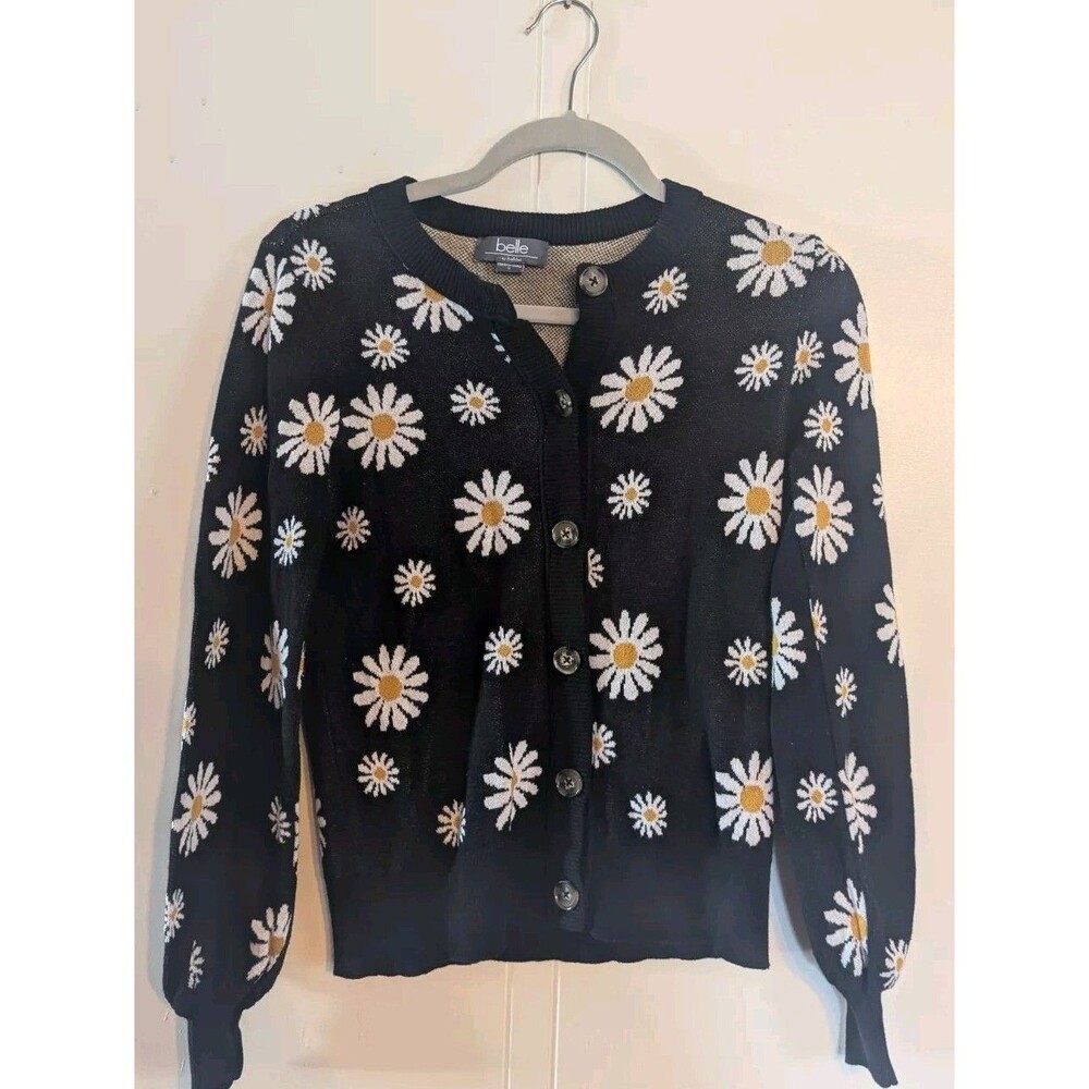 Black Cardigan with Sunny Yellow Daisy Daisies Print CottageCore Used Small
